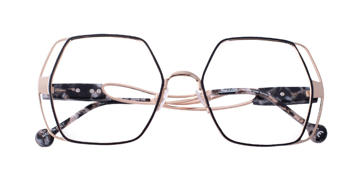 Monture de lunettes hexagonale noire et dorée de la marque Rye & Lye